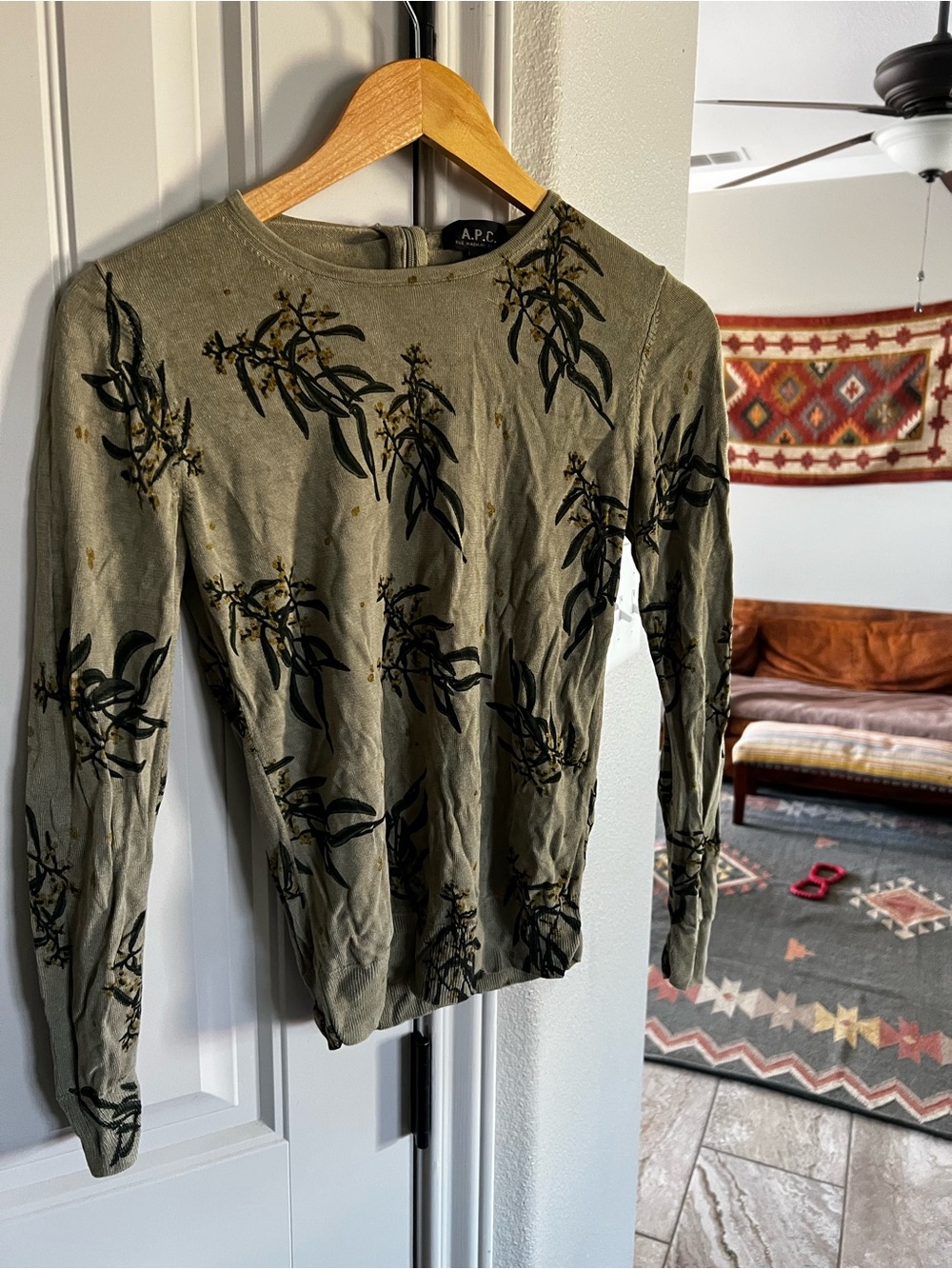 A.P.C. Olive Green Crewneck Sweater with Black Floral Motif